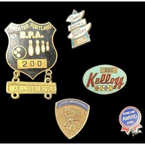 Vintage Lot of 5 Greater Portland B.P.A. 200 Kellogg Bowl Etc Bowling Lapel Pins